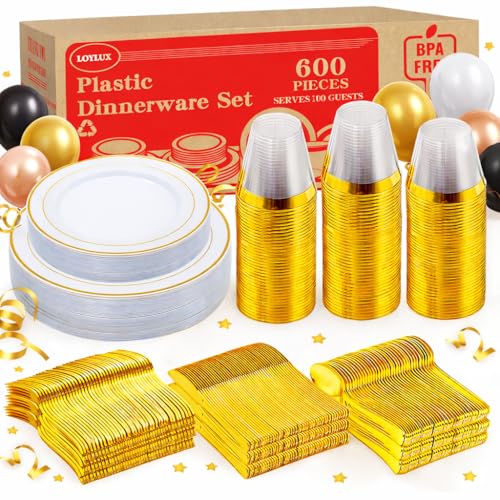 Loylux 600 Piece Gold Disposable Plates for 100 Guests, Elegant Dinnerware Set for Party, Family Gathering & All Celebration, White and Gold Plates with Cups, Utensils