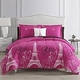 Queen Paris Comforter Pink Black White Eiffel Tower Bedding and Sheet 8 Piece Bed in a Bag Set