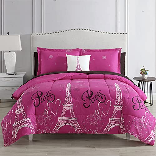 Full Paris Comforter Pink Black White Eiffel Tower Bedding and Sheet 8 Piece Bed in a Bag Set