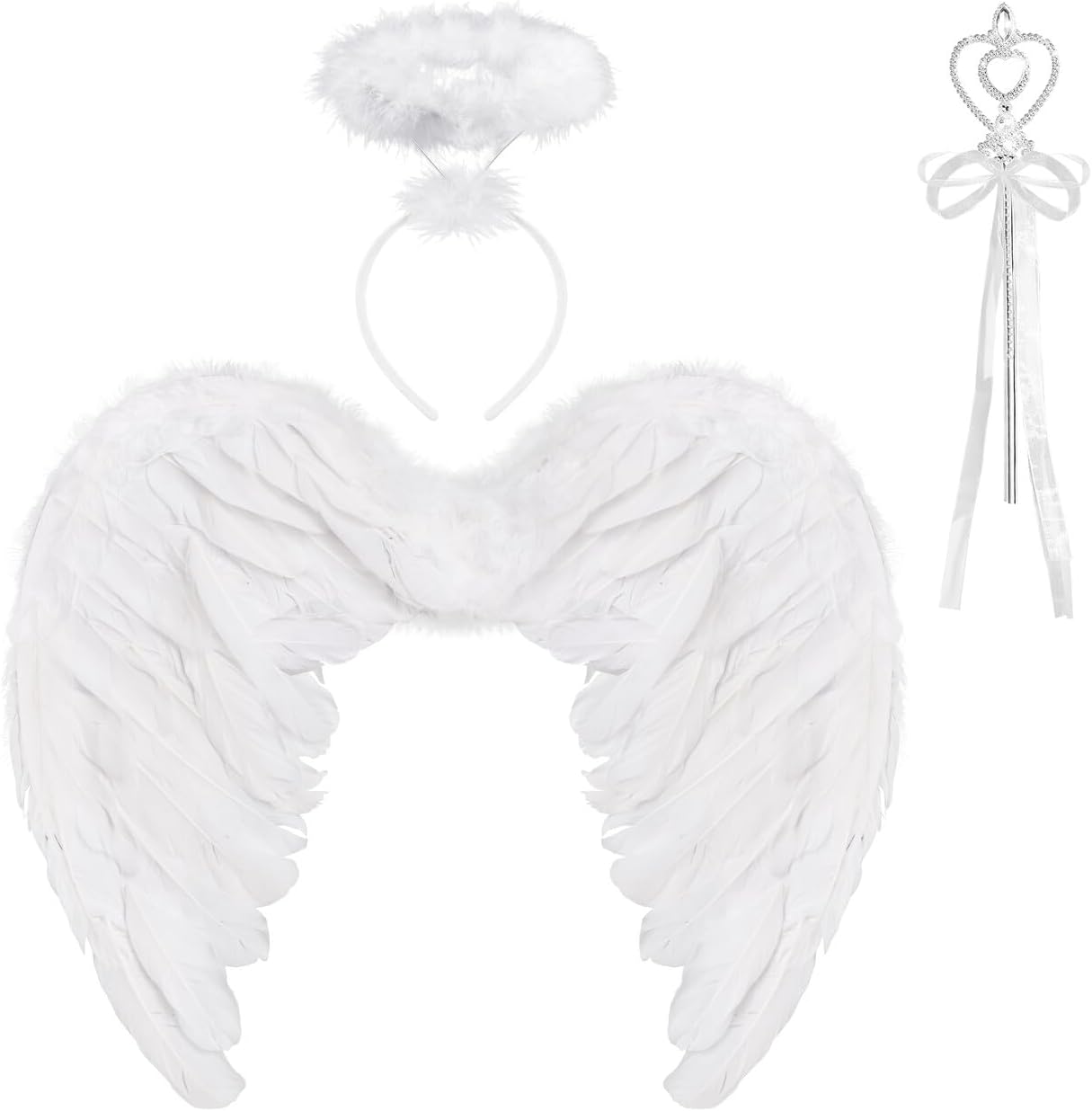 Spooktacular CreationsBlack White Angel Wings Halo Headband with Wand for Kids Feather Fairy Wings Halloween Party Costume