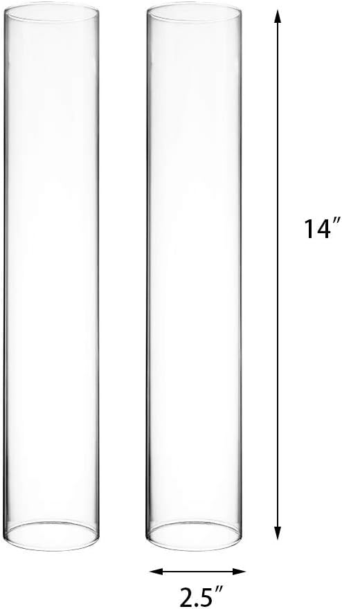 CYS EXCEL 2 PCS (H:14 D:2.5) Open Ended Glass Hurricane Candleholder Tube Shade | Open Flame Candle Chimney Tube Cover | Bottomless Cylinder