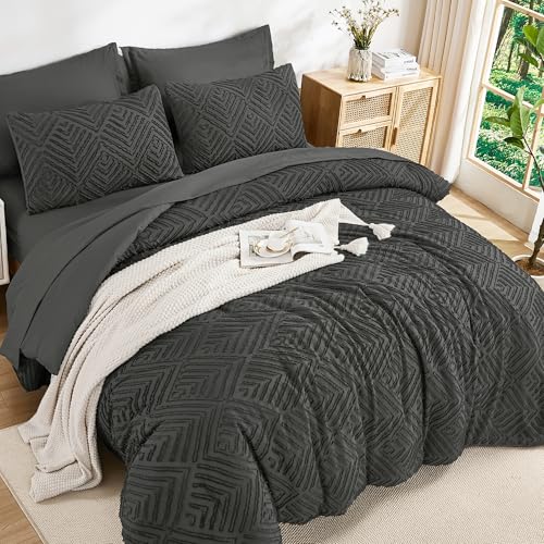 Image of Andency Oversized King Size Comforter Set 7 Pieces Dark Grey - Bed in a Bag Oversized King Boho Lightweight Fluffy Tufted Bedding Sets with Comforter, Sheets, Pillowcases & Shams
