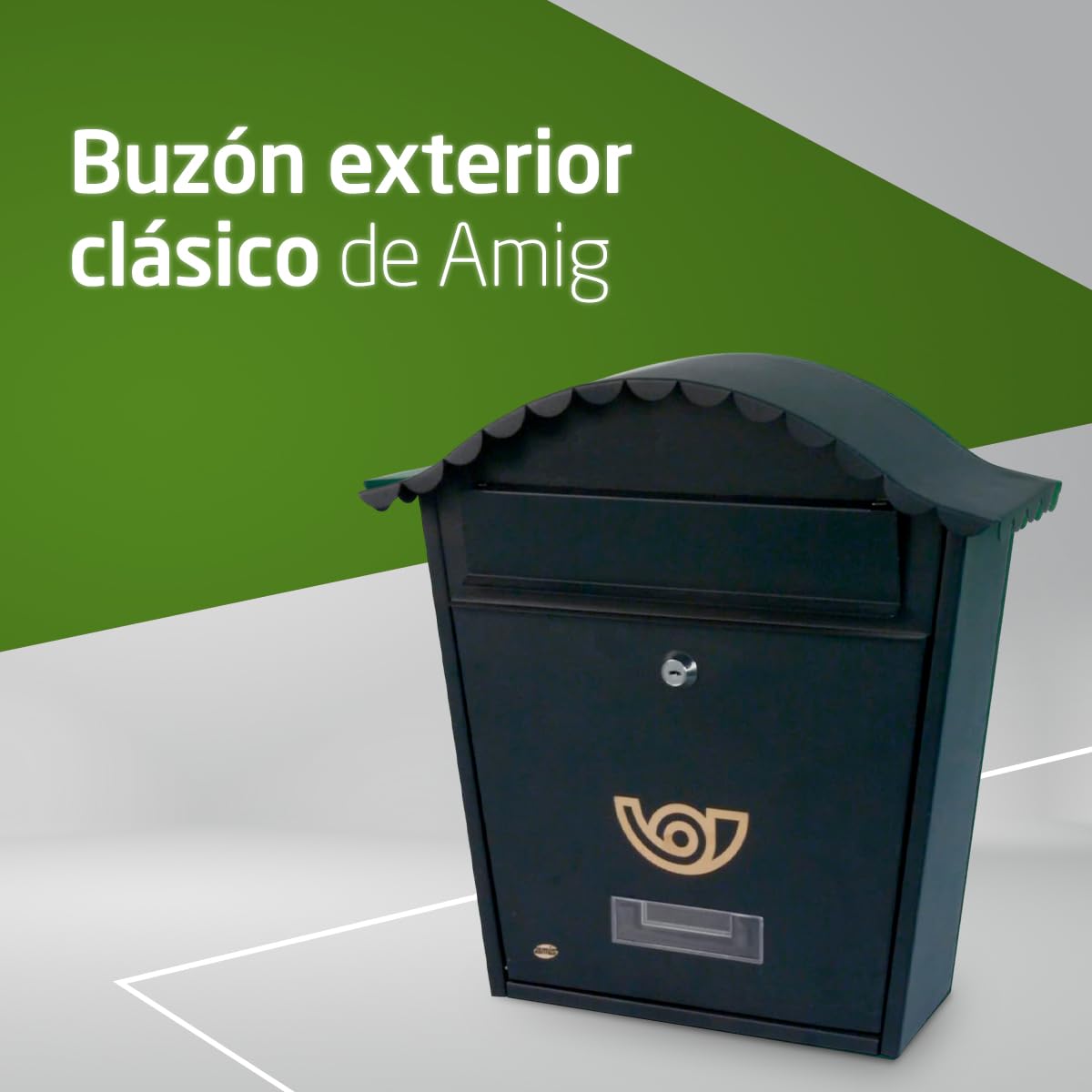Amig - Buzón Exterior de Pared - Tamaño Compacto para DIN A4 - Apertura Frontal con Cerradura - Acero - Negro - Fácil de Instalar en Puertas o Verjas - 37 x 36 x 10,5 cm