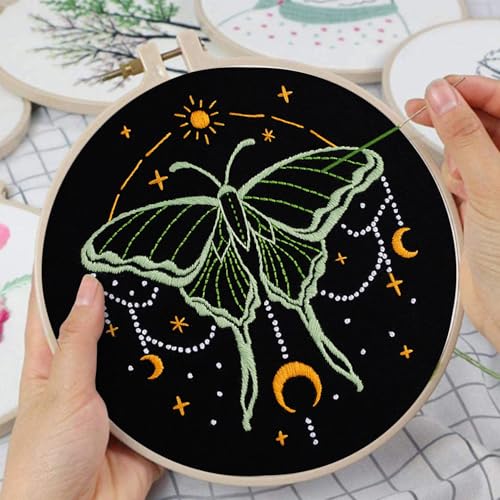 Image of Louise Maelys 3 Sets Tarot Embroidery Kits for Beginners,Cross Stitch Kit for Adults,Crewel Starters Needlepoint with Moon, Butterfly, Bee and Moth Pattern and Tool