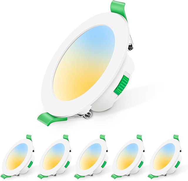 LED Downlights Dimmable 7W Ultra Slim Recessed Ceiling Lights IP44 Spotlights for Bathroom Kitchen Living Room, 3000K Warm 4000K Neutral 5700K Cool Adjustable, Cutout 67mm-75mm, Round White, 6 Pack