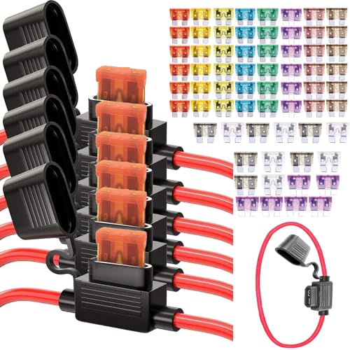 6pcs Inline Fuse Holder 12V 12 AWG Waterproof Fuse Holder with 66 Pcs Standard Car Fuses (2A/3A/5A/7.5A/10A/15A/20A/25A/30A/35A/40A in Line Fuse Holders for Marine Auto Electrical Circuits.