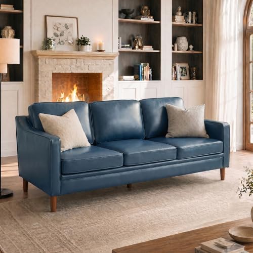 Image of Kingfun 80 inch Faux Leather Sofa, 3 Seater Couch, Mid Century Modern Couches with Solid Wood Legs for Living Room Bedroom