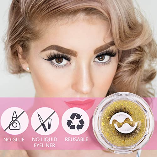 Reusable Self Adhesive Eyelashes No Glue Or Eyeliner Needed, Easy To Put On, Non-Slip Waterproof False Eyelashes Natural Look Gift For Women(2-Pairs) #TOP6