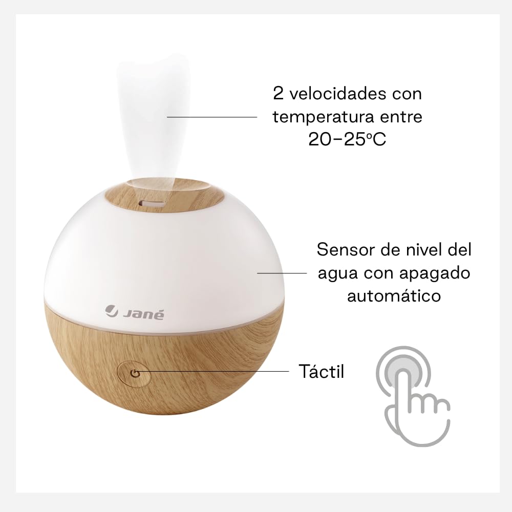 Jané Humidificador Ultrasónico Bebé con Luz, Difusor de Aromas, 2 Velocidades, Vapor Frío, Autoapagado, Salida 360º, Madera