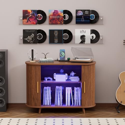 YKVIQBY Large Record Player Stand with LED Lights, Vinyl Record Storage with Charging Station & USB Ports, Record Player Cabinet for Living Room(Natural, 55in) (Walnut, 39in)