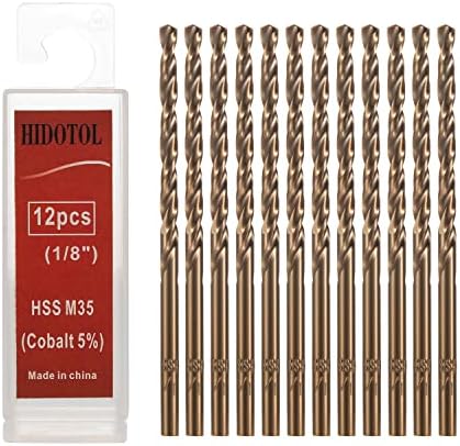 HIDOTOL Cobalt Drill Bit Set 1/8" 12 PCS - M35 High Speed Steel Twist Jobber Length Drill Bits for Hardened Metal, Stainless Steel, Cast Iron, Plastic and Wood