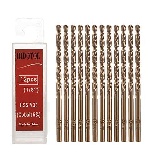 Hidotol Cobalt Drill Bit Set 1/8" 12 Pcs - M35 High Speed Steel Twist Jobber Length Drill Bits For Hardened Metal, Stainless Steel, Cast Iron, Plastic And Wood #TOP24