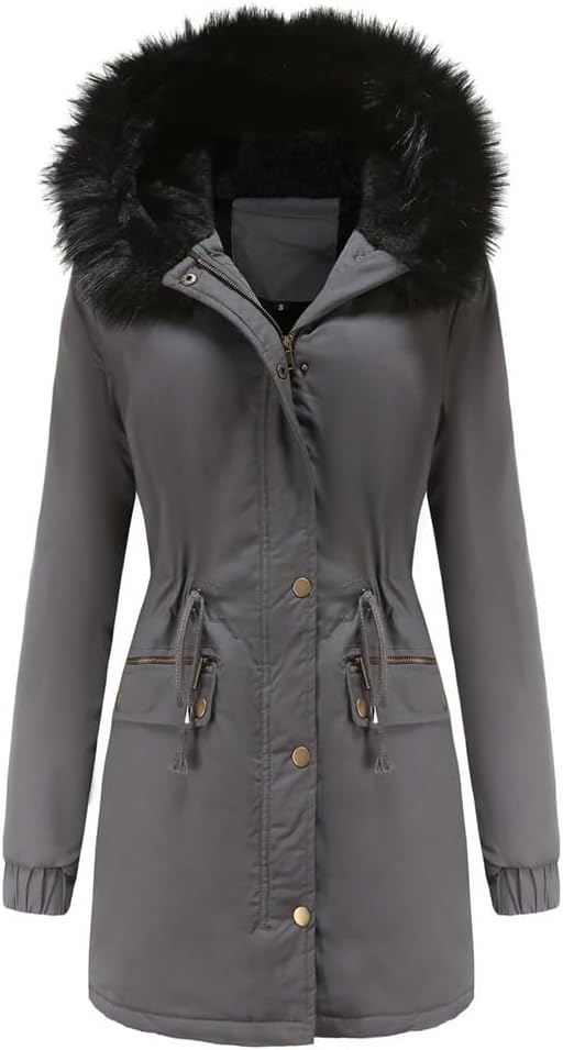 Women's Winter Long Jacket Plus Thick Warm Fur Collar Hooded Parkas Padded Coats