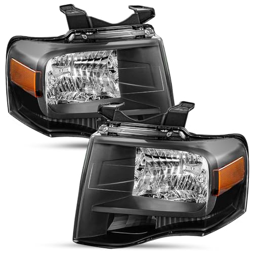 SOCKIR Headlight Assembly Set Fit for 2007-2014 Ford Expedition Black Housing & Amber Reflector w/o Bulbs