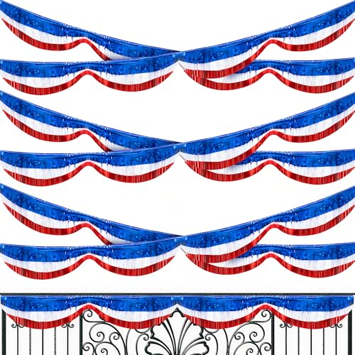 Mizelu 6 Pcs 40 Ft Patriotic Foil Fringe Bunting, Red White Blue Tinsel Streamers Banner, Independence Day Metallic Fringe Garland For 4Th Of July Celebration Party Parade Events Decoration