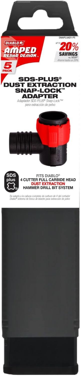 Diablo Amped Rebar Demon SDS-Plus Snap-Lock Adapter - Dust Extraction Hammer Drill Bit System, Clean Hole Drilling, Up to 97% Dust Removal - 5-Pack - DMAPLAAD1-P5
