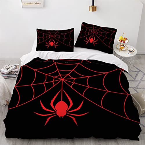 Rote Spinne Bettwäsche 3 Teilig 155x220cm Jungen Mädchen 3D Druck Spinnennetz Bettbezug Set Microfaser Weiche Flauschige mit Reißverschluss Tierbedruckte Betten Set + 2 Kissenbezügen Cover