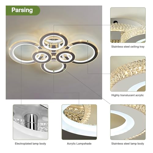 Image of Modern 98W Ceiling Light 6-Rings LED Ceiling Light Fixture with Remote Control Chrome Acrylic Dimmable Flush Mount Stainless Steel Chandelier for Livingroom Dining Room Kitchen Bedroom.