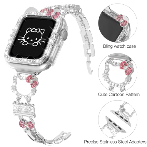 Bling Bracelet Band with Protector Case Compatible with Apple Watch Bands for Women iWatch Series 10 46 mm 42mm,Series 9 8 7 41mm 45mm,Series 6 5 4 SE 40mm 44mm,Cute Cartoon Dressy Jewelry Metal Strap (Cartoon Kitty Silver, 44mm (Series 6 5 4 SE)) by FERJITGR - Used condition - Image 2