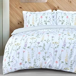 Sleepdown Meadow Stem Floral White Reversible Duvet Cover Quilt Pillow Cases Bedding Set Soft Easy Care - Double (200cm x 200cm)
