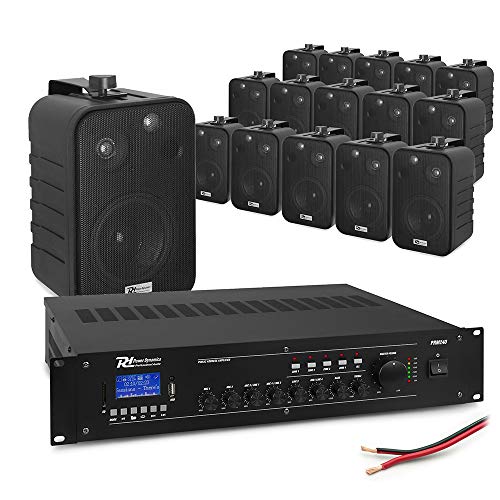 4-Zone Background Music System – 16x 4 Inch Wall Mount Speakers & Bluetooth Amplifier, 100V PA Sound System, Café Bar Restaurant Shop (Black)