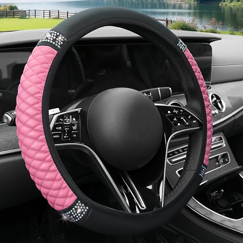 AMZAUTO Bling Steering Wheel Cover for Women, Leather Sparkly Rhinestone Bedazzled Steering Wheel Cover, 15 Inch Car Interior Accessories for Most Vehicles (Pink)