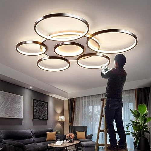 Plafonnier LED rond 6 anneaux marron dimmable avec télécommande