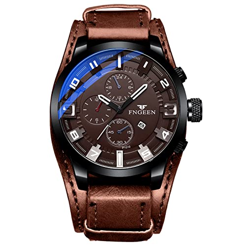 JewelryWe Montre Homme en Cuir Punk,Montre Bracelet Analogique Quartz à Aiguille,3ATM Etanche,Montre Homme Gros Cadran Rond Fantaisie avec Calendrier,Cadeau...