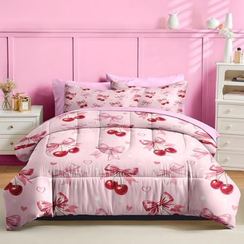 Image of Nesker 7 Pcs Comforter Set Full Size, Cherry Bow Bedding for Kids Teen with Fitted Sheet 2 Pillowcases & 2 Shams for Bedroom Bed Decor