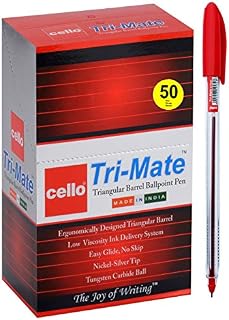 Cello Original Red Ballpoint pens Pack of 50 Tri-Mate Ball Pens Medium Point (1.0 mm) Biros Red Pens Ideal for Office, School, University stationery