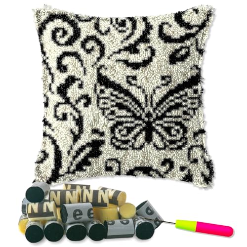 DL-YTG Latch Hook Kits Pillow Black Butterfly Crochet Yarn Cushion Colour Printed Canvas Rug Needlework DIY Pillowcase Hook and Latch Kit Christmas Home Crafts Sofa Decoration 42x42cm/16X16inch