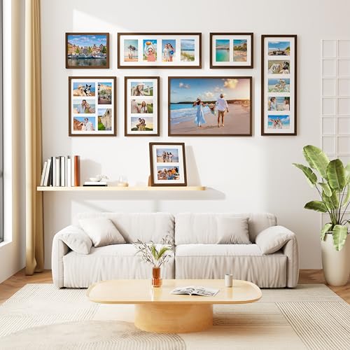 decorUhome 14x20 Picture Frames Collage Wall Decor, Display 9Pcs 4x6 Photos with Mat or 1Pcs 14x20 Unmatted, 9 4x6 Collage Picture Frames for Wall Mounting, Brown