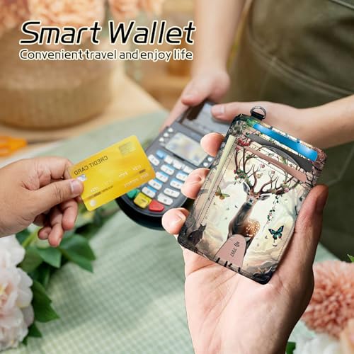 Image of Small Travel Wallets, Decorative Deer Butterfly Slim Minimalist Front Pocket Wallet with Wristlet, RFID Blocking PU Leather Credit Card Holder with ID Window Change Purse for Men Women