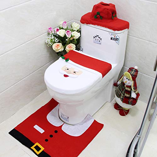 YEFAF Weihnachten Toilettensitzbezug, Weihnachtsmann-Design Weihnachtsdeko WC-Sitze Set 3 stücke mit Sitzbezug & Teppich & Gewebe Cover