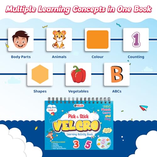 Image of Pick & Stick Velcro Learning Activity Book For Kids | Busy Book Level 1 For 2+ Years Old Toddlers | Montessori DIYs, Skill Builder, Numbers, Alphabets, Body Parts, Colors, Travel Vehicles, Kids Gifts