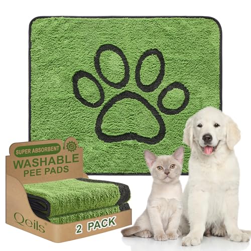 Image of Qeils Reusable Dog Pee Pads, 2 Pack Super Absorbent & Leakproof Washable Puppy Pads with Soft Green Top Layer, for Potty Training, Crates, Couch, Car Seats & Pet Beds, 30 inchx 34 inch