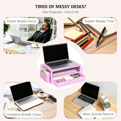 Image of WALI Desk Organizer with Drawer and Pen Holder, 3 Tier Computer Monitor Stand for Home Office Supplies, Laptop Stand Riser for Computer, Laptop, Printer(PTT004-P), 1 Pack, Pink