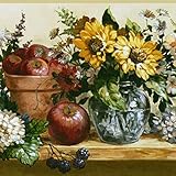 CONCORD WALLCOVERINGS ™ Wallpaper Border Floral Pattern Sunflowers Chamomiles Apples Leaves for Dinning Area Kitchen, White Yellow Green Blue Red, 9 Inches by 15 Feet 5508332