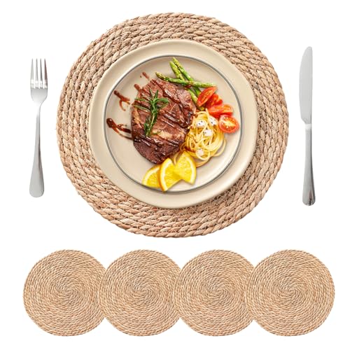 Image of Round Woven Placemats Set of 4, 13.5'' Boho Rattan Chargers for Dinner Plates, Rustic Wicker Place Mats, Straw Braided Table Placemats, for Dining Table Decor, Wedding, Farmhouse and Outdoor