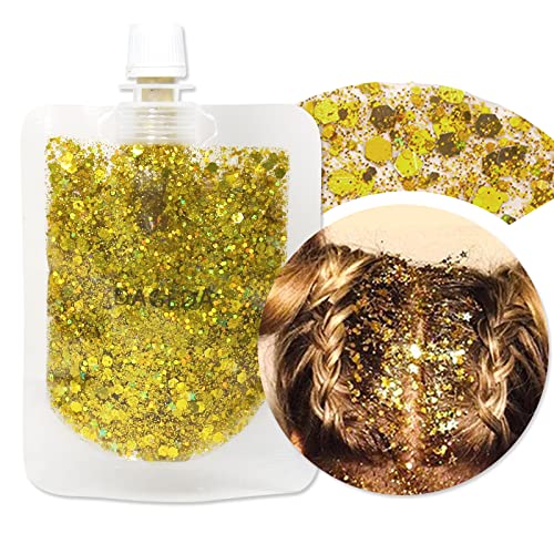 DAGEDA 40ml Body Glitter Gel, Face Glitters Body Gel Sequins Shimmer Liquid Eyeshadow, Chunky Glitter for Face Hair Nails, Holographic Cosmetic Laser Powder Festival Glitter Makeup (Gold)