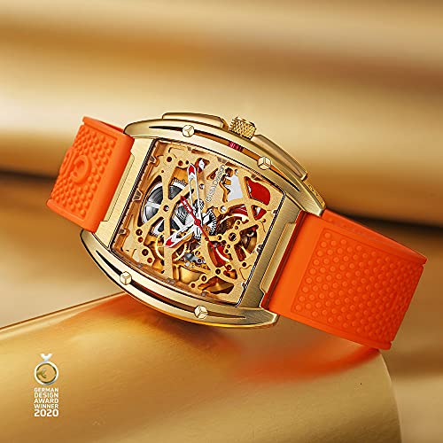 Ciga Design Watch Gold Automatic Mechanical Stainless Steel Case Skeleton Tonneau Silicone Strap Sapphire Crystal Wristwatch(With One Stainless Steel Strap) #TOP3