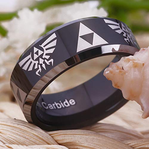 CLOUD DANCER Crest and Triforce Ring Game-Themed Laser Pattern Ring 8mm Width Black with Silver EdgeTungsten Carbide Wedding Bands Ring - FREE Custom Engraving2