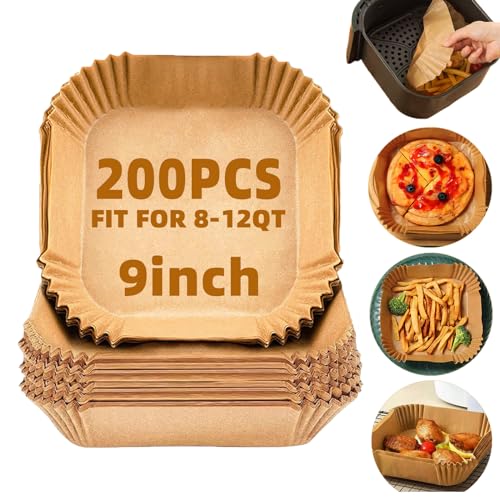 Image of LYHOLKEER 9inch 200Pcs Air Fryer Liners Disposable,Non-Stick Food Grade Air Fryer Parchment Paper Liner,Oil Resistant, Waterproof Parchment Paper Sheets for 8-12 QT Air Fryer