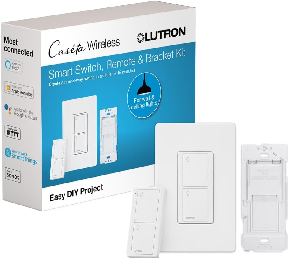 Lutron Caseta Smart Light Switch 3-Way Kit, with Pico Remote, Wallplate, Wall Bracket for LED Lights and Fans, On-Off Only, 5 Amp, Neutral Required, P-PKG1WS-WH