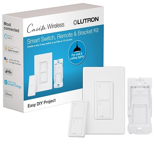 Lutron Caseta Smart Lighting Kit w/ Original Switch, Pico Remote, Wallplate, and More, for Light Bulbs, Works w/ Alexa, Apple Homekit, Google Home (Hub Required), 5A, Neutral Required, P-PKG1WS-WH
