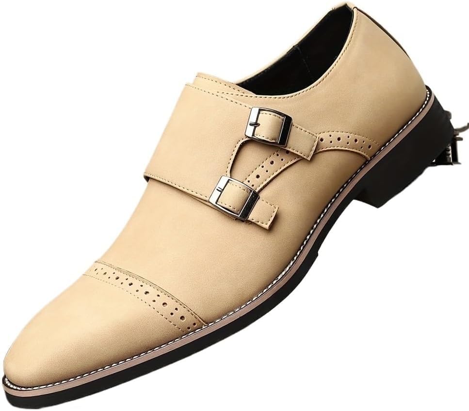 Men’s Slip-On Monk Strap Brogue Dress Shoes – Cow Leather, Formal Business Loafers for Career & Party