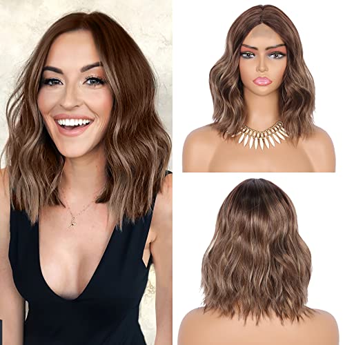 Olymei 12" Small Edge Lace Frontal Wigs Synthetic Middle Part Curly Wavy Brown Short Lace Front Wigs for Women