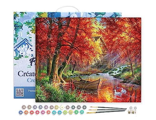 Figured'Art Peinture par Numéro Adulte avec Cadre Rivière d'automne et barque - Activité Manuelle Kit de Loisir Créatif DIY Numéro d'Art Complet - 40x50cm toile tendue sur châssis