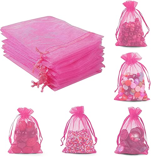 Image of ANZNKU 50 Pack Hot Pink Organza Bags 5 x 7 inch, Small Mesh Drawstring Gift Bags, Jewelry Pouches Small Mesh Bag for Candy Party Wedding Favor & Easter Gifts