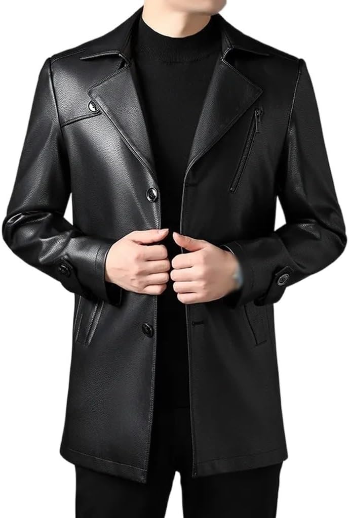 Autumn Winter Long Leather Coat Fleece Lined Paded Warm Casual Leather Jacket Men's Coats
